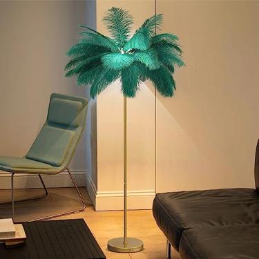 Imagem de Luminária de chão em formato de palmeira com penas - 3 temperaturas de cor, luminária alta com interruptor de pé, ideal para sala de estar e quarto, 6 lâmpadas LED, design elegante e ecológi