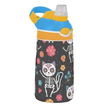 Imagem de Garrafa de água infantil colorida com canudo 473 ml 473 ml Garrafa de água de plástico Tritan reutilizável portátil para crianças, à prova de vazamento, alça de transporte