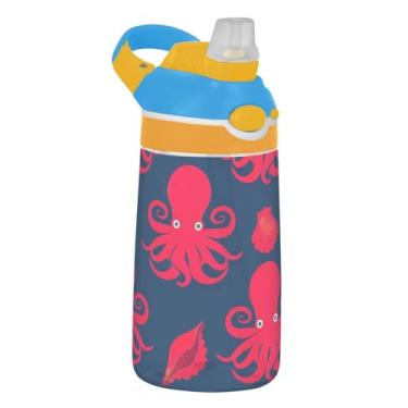 Imagem de Garrafa de água infantil azul marinho com canudo 473 ml Tritan 473 ml Garrafa de água esportiva portátil reutilizável para crianças, à prova de vazamento, alça de transporte