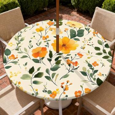 Imagem de Yesad Toalha de mesa redonda para uso ao ar livre com orifício para guarda-chuva, toalha de mesa com zíper e borda elástica, capa de toalha de mesa impermeável para piqueniques, serve para mesa