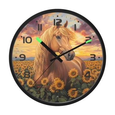 Imagem de SEHANY Relógio de parede artístico majestoso cavalos silencioso, sem tique-taque, relógio redondo operado por bateria, controle de som, luz noturna, relógios de parede para sala de estar, cozinha