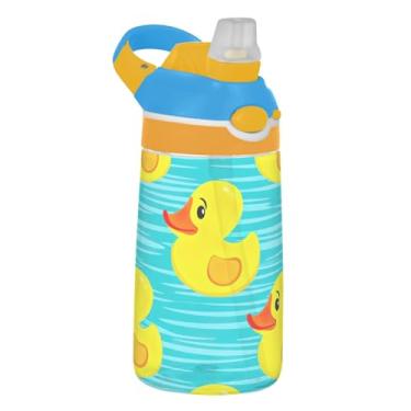 Imagem de Cute Yellow Ducks Blue Animal Garrafa de água infantil com canudo 473 ml Tritan 473 ml Garrafa de água esportiva reutilizável portátil para crianças, copos de viagem, à prova de vazamento, alça de