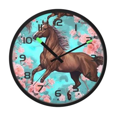 Imagem de SEHANY Relógio de parede artístico majestoso cavalos silencioso, sem tique-taque, relógio redondo operado por bateria, controle de som, luz noturna, relógios de parede para sala de estar, cozinha