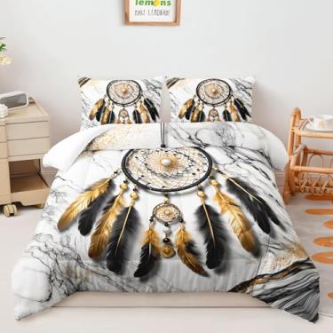 Imagem de AILONEN Jogo de cama Queen preto e dourado, 3 peças, branco, marmorizado, tie dye, conjunto de edredom com estampa de apanhador de sonhos boho e 2 fronhas