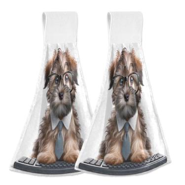 Imagem de Joitme Toalhas de mão para cachorro terrier fofas com laço, pacote com 2 panos decorativos para cozinha, banheiro, coral, lã, forno, amarrar, pratos, ultramacios, absorventes