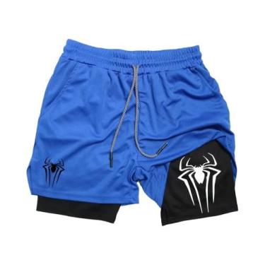 Imagem de Shorts Esportivos Masculinos Com Estampa De Aranha, Compressão 2 Em 1,