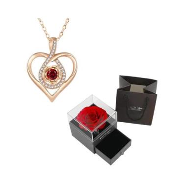 Imagem de Colar Com Pingente De Zircônia Vermelha Em Caixa De Presente Flor Rosa