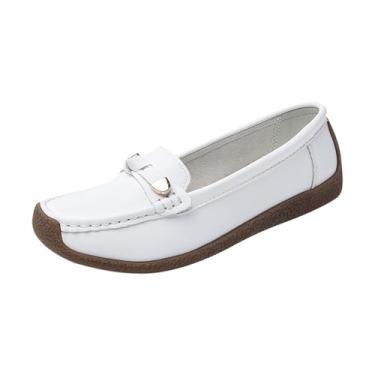 Imagem de Mocassim feminino respirável bico redondo bico fechado sem cadarço casual confortável para primavera verão, Branco, 39