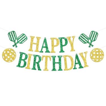 Imagem de Pickleball Happy Birthday Banner, Pickleball Theme Birthday Party Decor, Funny Sports Pickle Ball Player Fans Bday Baby Shower Party Decorations Supplies Green and Gold Glitter
