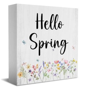Imagem de Decoração de primavera, placa de flores silvestres rústicas Hello Spring, decorações de mesa aplica-se a casa, escritório, sala, mesa, prateleira, mesa, decoração de escritório, 12 x 12 cm