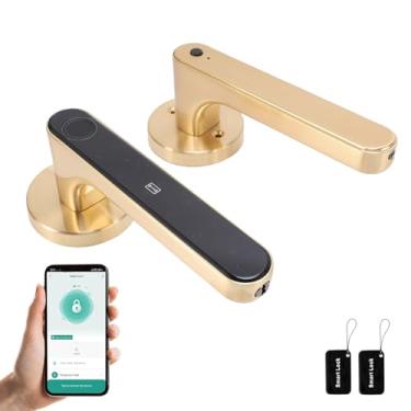 Imagem de Tnfeeon Fechadura de Porta Inteligente 5 Em 1, Senha de Reconhecimento de Impressão Digital Cartão IC App Key Entry Alça Dourada, Com Alarme Anti-pry, para Escritório de Apartamento