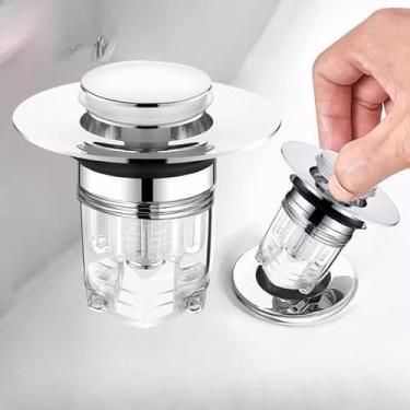 Imagem de Filtro de drenagem de pia autovedante com válvula - lavatório de banheiro universal antientupimento e filtro de banheira, coletor de cabelo removível e rolha de controle de fluxo de água