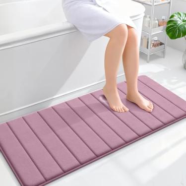Imagem de OLANLY Tapetes de banheiro longos listrados de espuma viscoelástica 119 x 50 cm, tapete de banho absorvente super macio, secagem rápida, tapetes de chuveiro laváveis na máquina, tapete de banho