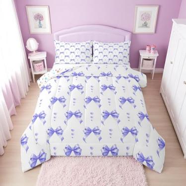 Imagem de Erosebridal Conjunto de edredom Queen com laço roxo e laço roxo para crianças, adolescentes, princesas, kawaii, para decoração de quarto, 2 fronhas
