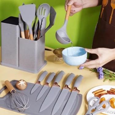 Imagem de Kit Completo Jogo de Cozinha 19 Peças Com Tábua em Silicone Espátula Faca Tesoura Utensílios(Cinza)