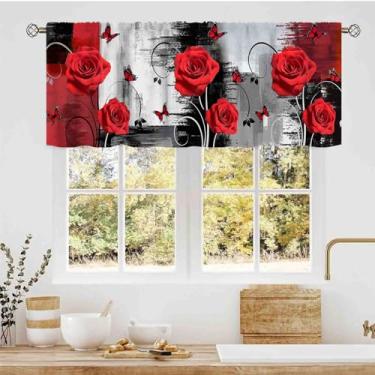 Imagem de Cortinas de cozinha florais rosas vermelhas, abstratas modernas, românticas, românticas, românticas, modernas, com bolso para varão, janela, para café, sala de estar, quarto, armário, banheiro, 137 x