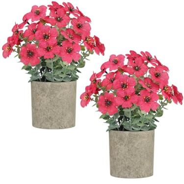 Imagem de Pacote com 2 plantas falsas pequenas, vasos de plantas artificiais, flores artificiais em vaso margarida com folhas de eucalipto, para decoração de casa, escritório, casa de fazenda, mesa interna