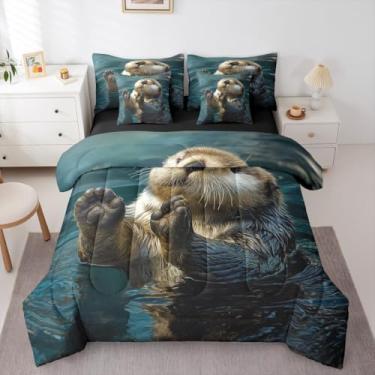 Imagem de Erosebridal Conjunto de edredom de 7 peças, com estampa de lontra marinha, 3D, para quarto de crianças, mamíferos marinhos, oceano, litoral, vida marinha