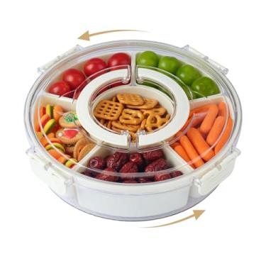 Imagem de Bandeja giratória dividida para servir com tampa e alça, caixa de lanche com 6 compartimentos, caixa de lanche redonda, recipientes de charcutaria, organizador de lanches, bandeja de frutas e vegetais