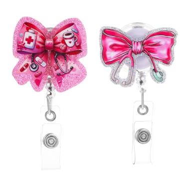 Imagem de 2 carretéis de crachá de enfermagem para crachá de identificação, carretéis retráteis rosa com clipe jacaré, acessórios de crachás de enfermagem para presentes de estudante de enfermagem para mulheres