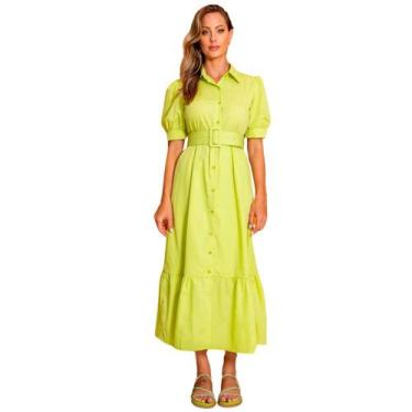 Imagem de Vestido feminino manga curta midi com cinto e saia evase em crepe eleg