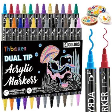 Imagem de Thboxes Pacote com 24 marcadores de tinta, canetas de tinta acrílica de ponta dupla e marcadores de ponta fina para tecido, madeira, metal, vidro, plástico, lona, material escolar, materiais de arte
