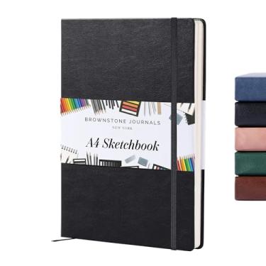 Imagem de BROWNSTONE JOURNALS Caderno de esboço A4 capa dura - 80 folhas de papel 100 GSM 8,5 x 11,5, capa de couro vegano, faixa elástica, bolso traseiro, desenho artístico Boo (preto carvão)