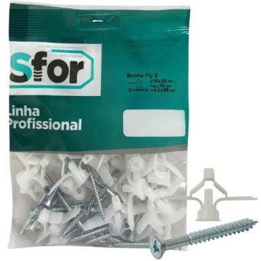 Imagem de 50 Kits Bucha Fly 2 10mm Sfor Drywall Gesso Fixação Parafuso 4,2x55mm 