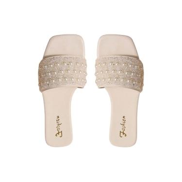 Imagem de Verdusa Chinelos femininos de férias com pérolas falsas quadradas, bico aberto, sem cadarço, de couro PU, sandálias rasteiras elegantes, Bege, 35