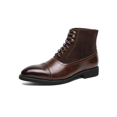 Imagem de Botas sociais masculinas de salto baixo com cadarço Oxford até o tornozelo, botas casuais de couro PU com bico cavado, botas Chukka, Marrom, 40