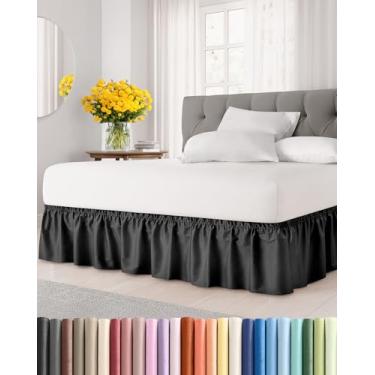 Imagem de Saia para cama com babados e poeira - preta - para camas queen size com caimento de 35 cm - alça elástica de ajuste fácil - Saia de cama plissada ajustável com tecido escovado, sem rugas e