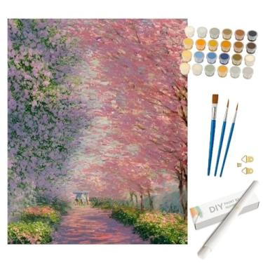 Imagem de Kit de pintura de paisagem por números para adultos - Pintura DIY Blossom Pathway enrolada em tela 40 x 50 cm, conjunto de tinta acrílica, adequado para iniciantes, arte de primavera para decoração de