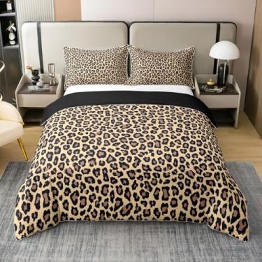 Imagem de Manfei Conjunto de capa de edredom tamanho casal com estampa de leopardo, conjunto de capa de edredom 100% algodão puro com tema de animais selvagens (sem enchimento), conjunto de cama com estampa de