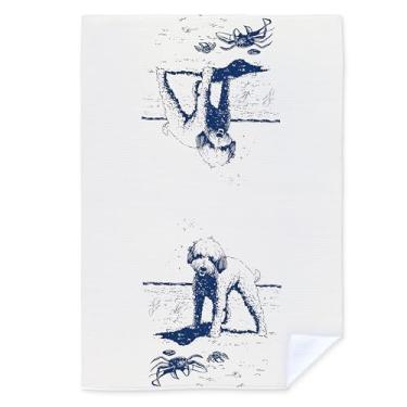 Imagem de Qnhij Toalhas de cozinha de caranguejo poodle de praia costeira, presentes para amantes de cães poodle, toalhas de chá para decoração de cozinha, toalhas de mão decorativas de caranguejo azul retrô