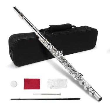 Imagem de Conboxus Flauta de 17 teclas com orifício fechado em C para iniciantes, estudantes, adultos com kit de limpeza, luvas de pano, haste de afinação, capa rígida, níquel (prata)