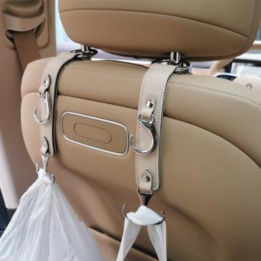 Imagem de Gancho para bolsa de carro – Gancho de encosto de cabeça de couro premium 3 em 1 atualizado e mais potente, pode guardar sacolas de compras, casacos, guarda-chuvas (bege, 2 peças)