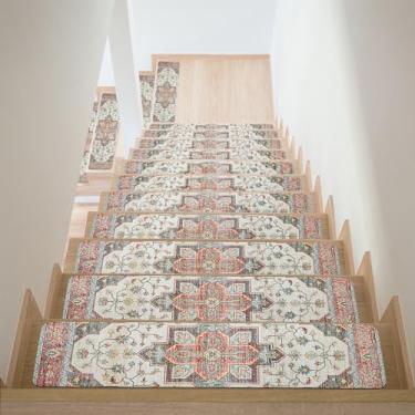 Imagem de Tapete retrô vermelho étnico antiderrapante para degraus de madeira 76 cm x 20.3 cm, tapete de escada extra antiderrapante antiderrapante tapetes de segurança de borracha, degraus de aderência de