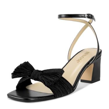Imagem de ISNOM Sandália feminina de salto com laço e fivela no tornozelo, bico aberto, salto grosso, festa de casamento, salto moderno, Preto, 40