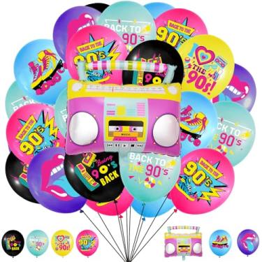 Imagem de Decorações de festa retrô dos anos 90: 49 peças de balões de decoração de festa temática dos anos 90 7 designs de volta aos anos 90 Retrô Rádio Boombox CD Balões para Hip Hop Retrô Patinação Festa