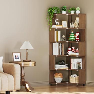 Imagem de CozyDH Prateleira de canto para livros, estante de canto de 5 camadas com defletor, suporte independente em forma de L para escritório em casa, sala de estar, quarto, cozinha, nogueira