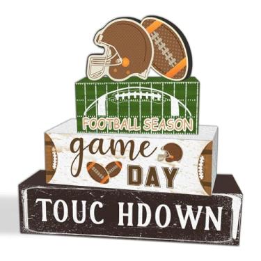 Imagem de 4 peças de centro de mesa de futebol, centro de mesa de futebol para dia de jogo, placa de blocos de madeira para mesa, placa decorativa de mesa de centro de futebol para mesa de café e escritório em
