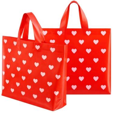 Imagem de Sinload 100 sacos grandes de presente de dia dos namorados com alça de plástico de coração vermelho a granel 35 cm x 24,9 cm bolsa de compras de mercadorias para festa dos namorados casamento