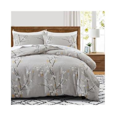 Imagem de x3anggyt5 Conjunto de capa de edredom floral cinza claro, macio para a pele, estampa de flor de ameixa, capa de edredom reversível (solteiro na UE (135 x 200 cm))
