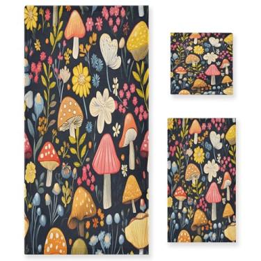 Imagem de xigua Conjunto de toalhas de banheiro cogumelos e flores absorvente macio 3 peças toalha de banho toalha de mão toalhas decorativas para banheiro, academia, hotel, praia, piscina
