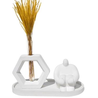 Imagem de Vaso Decorativo Conjunto 3 pçs Solitário Hexa Estátua Gigante e Bandeja Oval (Branco)