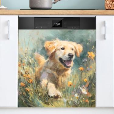 Imagem de Golden Retriever Adesivo magnético para máquina de lavar louça capa magnética para cozinha 58 x 66 cm capa de ímã para máquina de lavar louça ímã de geladeira painel almofada de decalque