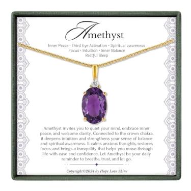 Imagem de HOPE LOVE SHINE Colar de ametista para presente feminino – joia de pedra do mês de fevereiro – Pingente de cristal de pedra preciosa natural, corrente de aço inoxidável de ouro 18K em cartão de joias