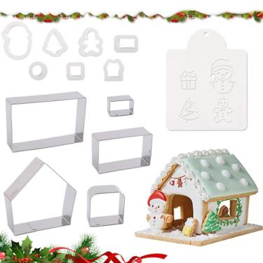 Imagem de Conjunto de cortadores de biscoito de gengibre para casa de gengibre 3D kit de aço inoxidável cortador de biscoito de plástico boneco de neve presente homem de gengibre em forma de árvore de Natal