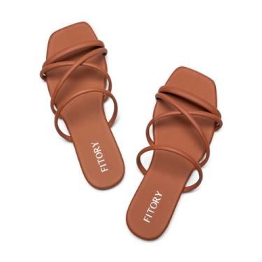 Imagem de FITORY Sandálias femininas deslizantes, tiras cruzadas chiques e sapatos rasos confortáveis para verão tamanho 6-11, Todo marrom, 35