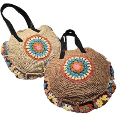 Imagem de Bolsa Artesanal Redonda de Crochê em Palha Forrada com Zíper Grande para Praia Verão Passeios e Viagens (MARRON)